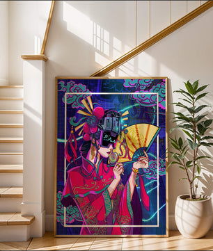 Geisha con traje futurista, elementos de neón y abanico