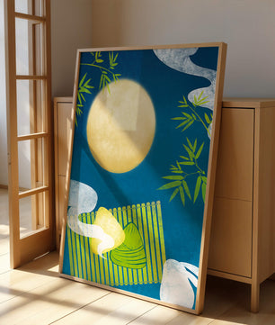 Moonlit night with bamboo and dumplings on a mat