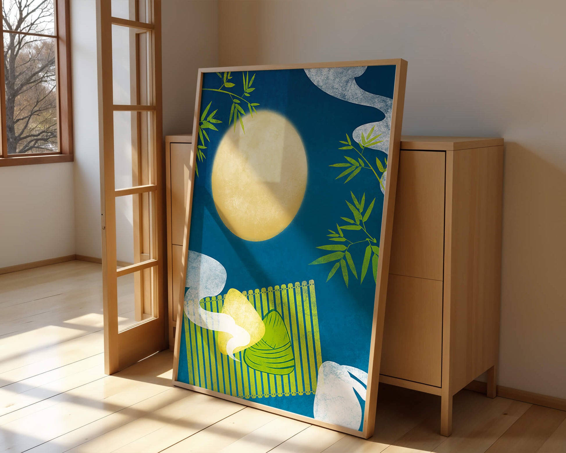 Moonlit night with bamboo and dumplings on a mat