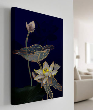 Elegant Lotus Flower with Gold Accents on Deep Blue Background
