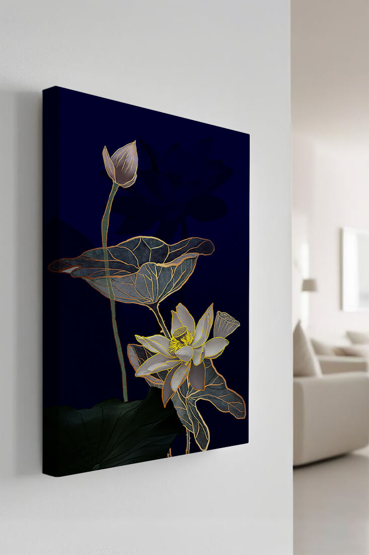 Elegant Lotus Flower with Gold Accents on Deep Blue Background