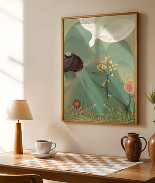 Dreamy nature-inspired illustration with bird and plant elements