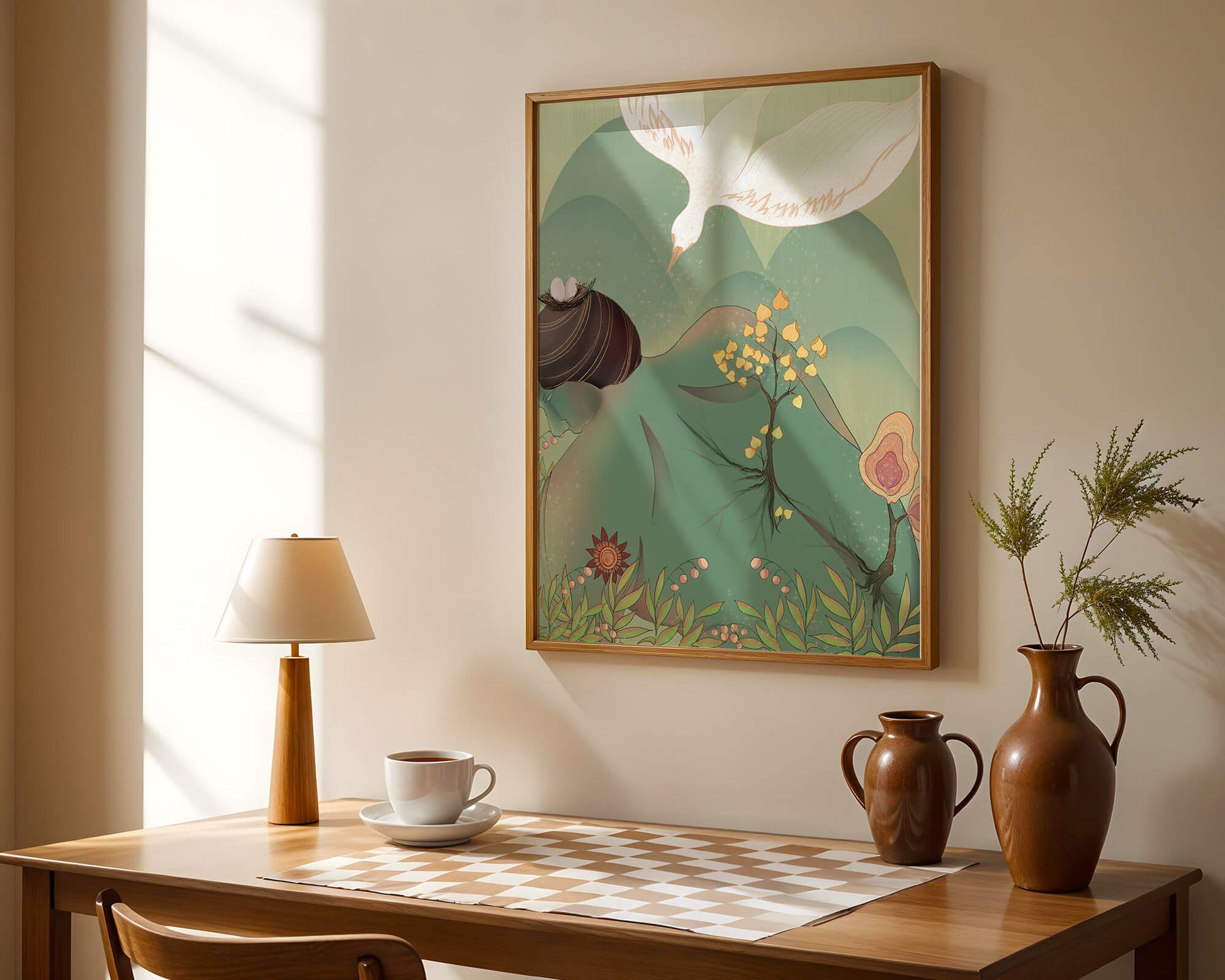 Dreamy nature-inspired illustration with bird and plant elements