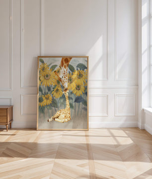 Pintura acuarela de jirafas y girasoles en una escena tierna de una familia de jirafas