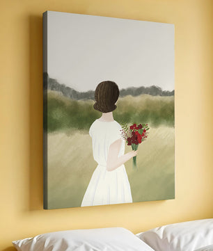 Woman in White Dress Holding Bouquet Facing Nature