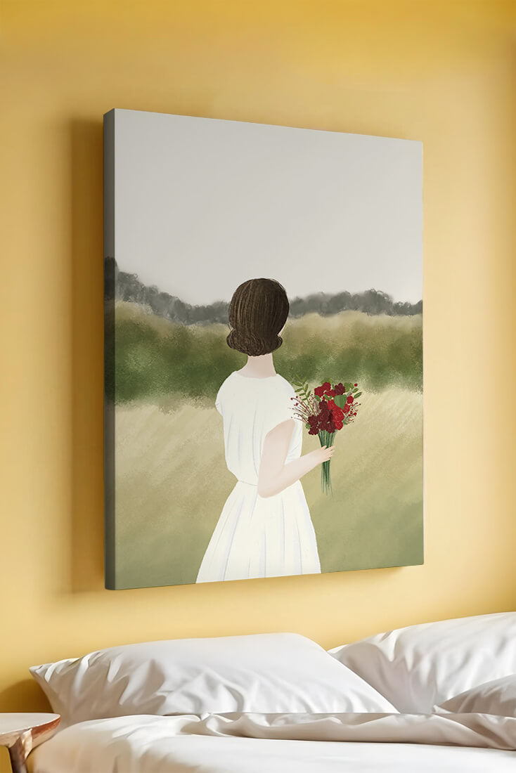 Woman in White Dress Holding Bouquet Facing Nature