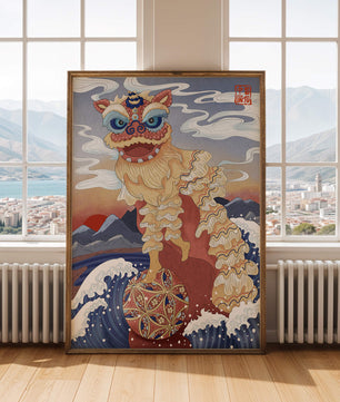 Traditionelle chinesische Löwentanzkunst mit malerischem Hintergrund