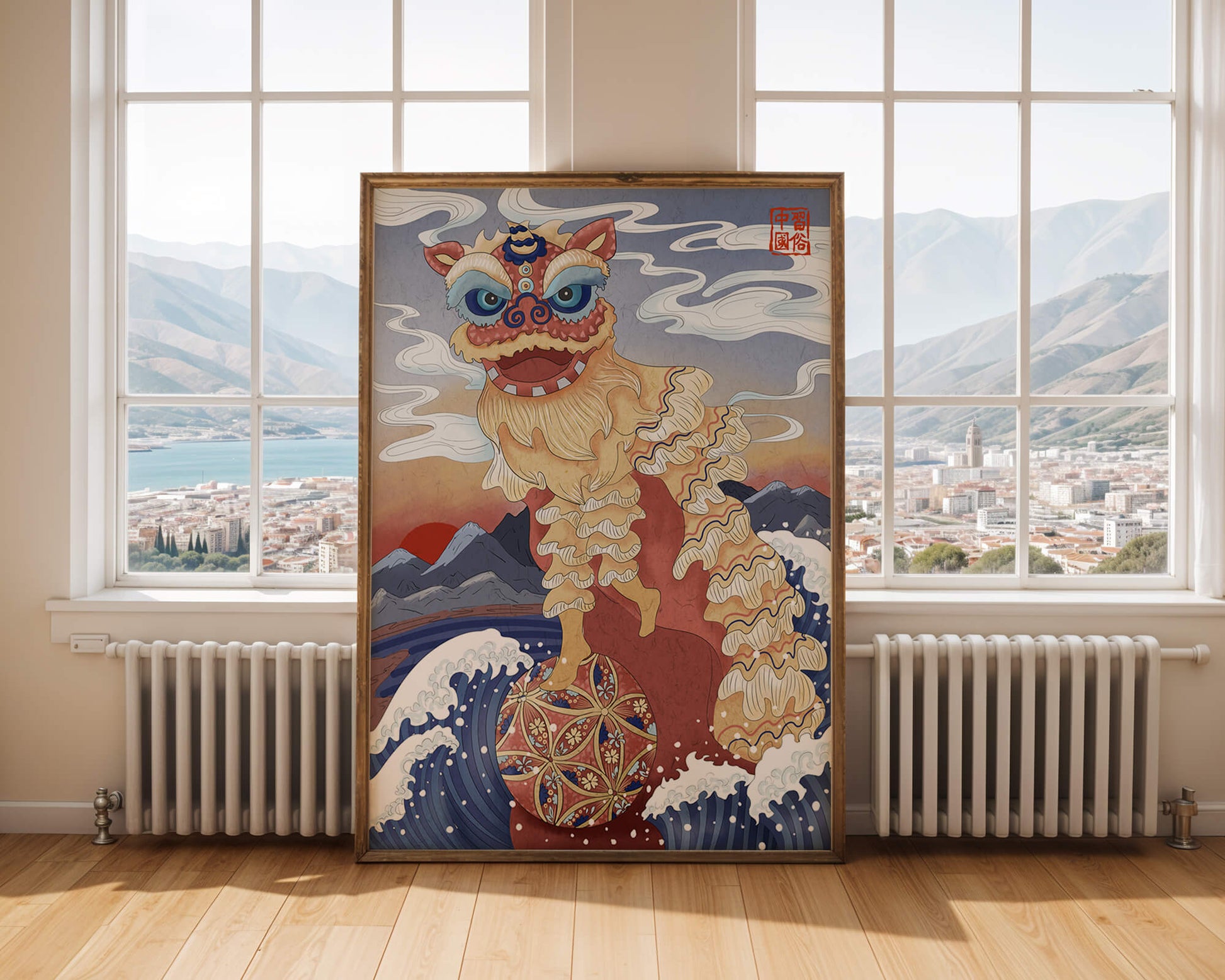 Traditionelle chinesische Löwentanzkunst mit malerischem Hintergrund