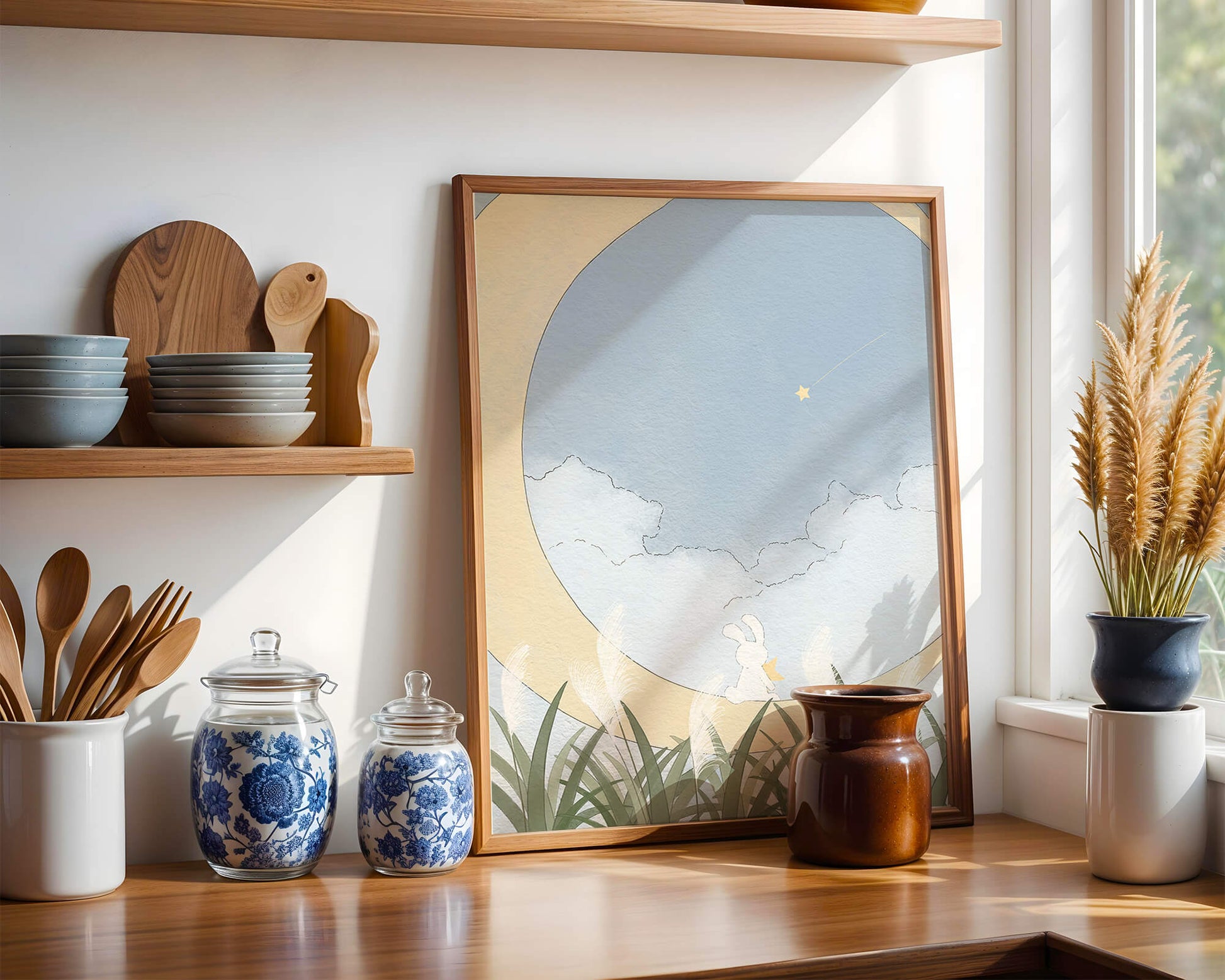 Dreamy Rabbit Sitting on Crescent Moon with Star and Clouds in Sky