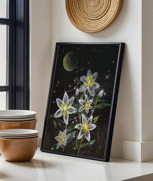 Floral Night Scene with Luminous Flowers and Golden Moon