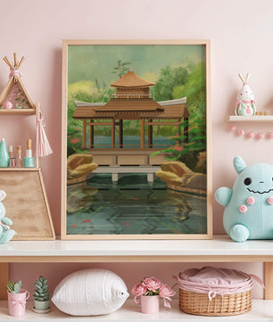 Traditional Japanese Garden Pavilion with Scenic Pond and Lush Greenery