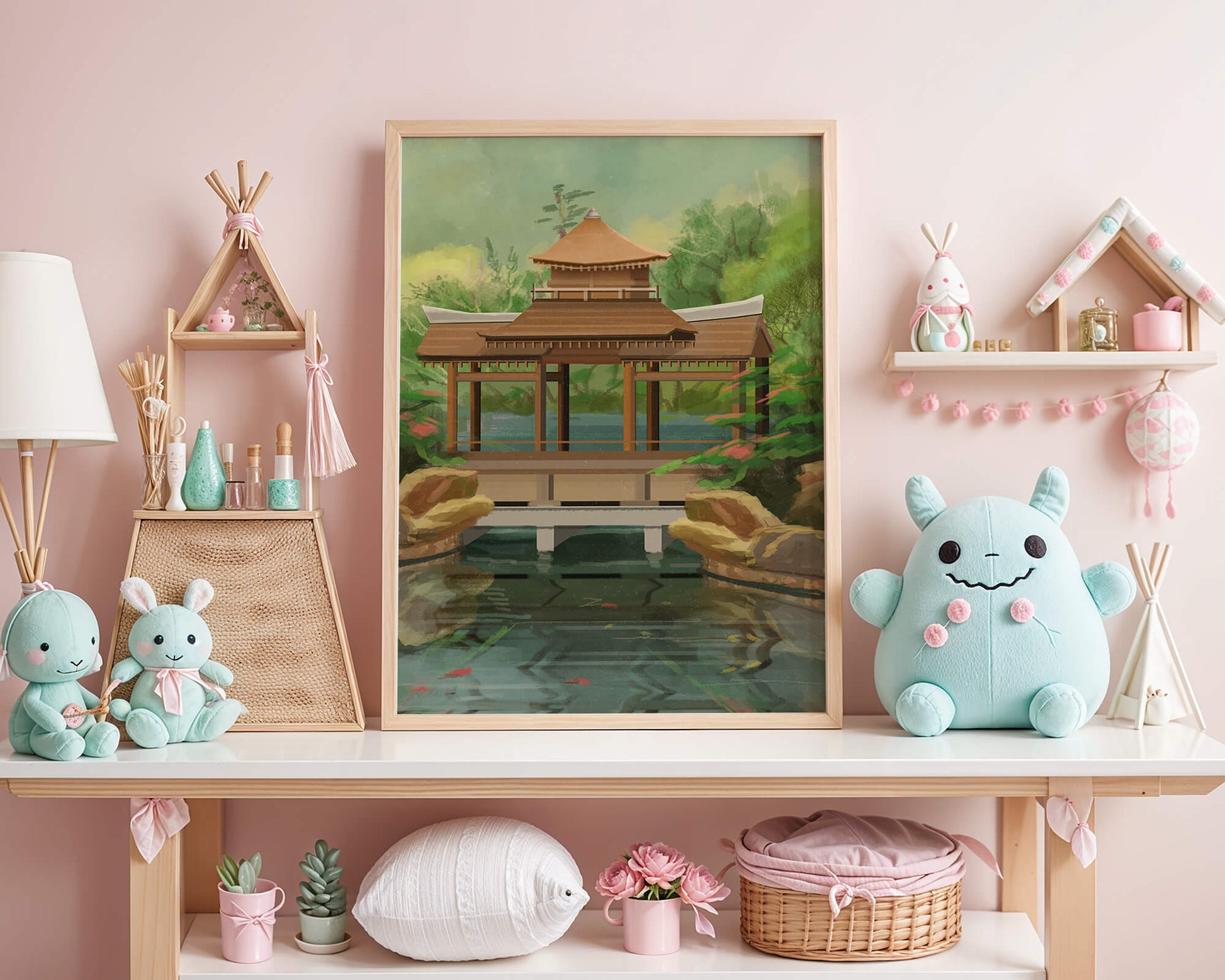 Traditional Japanese Garden Pavilion with Scenic Pond and Lush Greenery