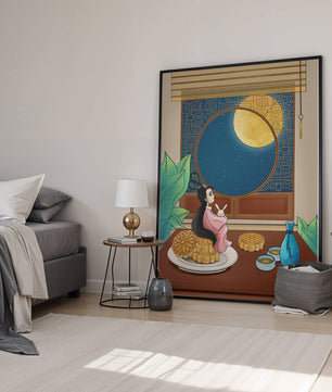 Tranquila escena nocturna con pasteles de luna y una figura mítica