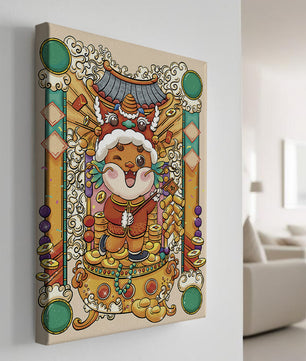 Bunte Illustration eines niedlichen Tieres in traditioneller Festtagskleidung mit goldenen Elementen
