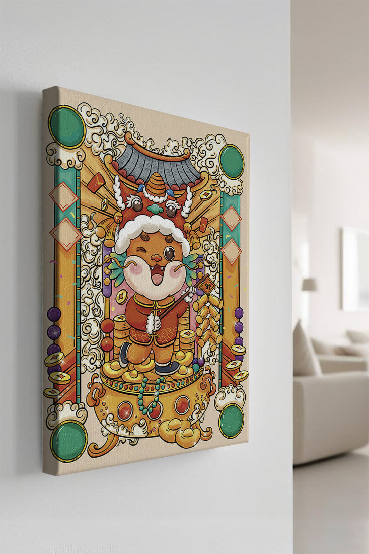 Ilustración colorida de un animal lindo en atuendo festivo tradicional con elementos dorados