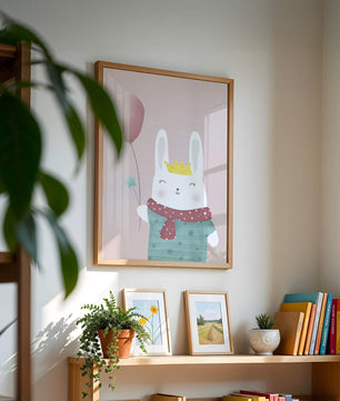 Ilustración adorable de un conejo con globo rosa y corona dorada