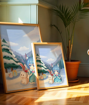 Winter scene with cute chibi character and bunny in snowy landscape
