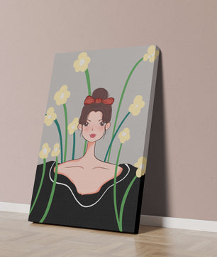 Ilustración de una mujer con fondo floral y lazo rojo