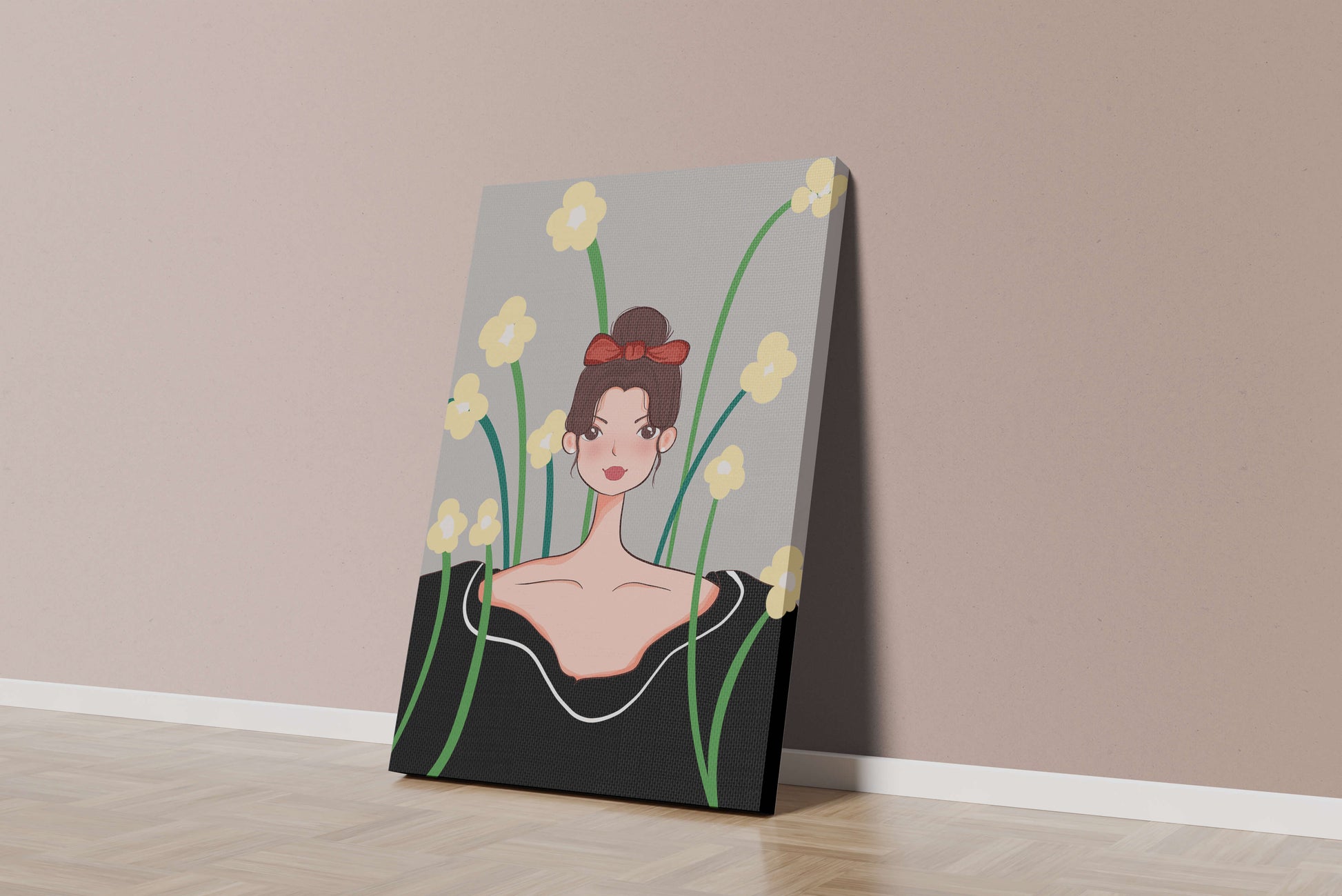 Illustration of a woman with floral background and red bow