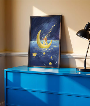 Voyage nocturne magique avec une fille dans un bateau-lune doré