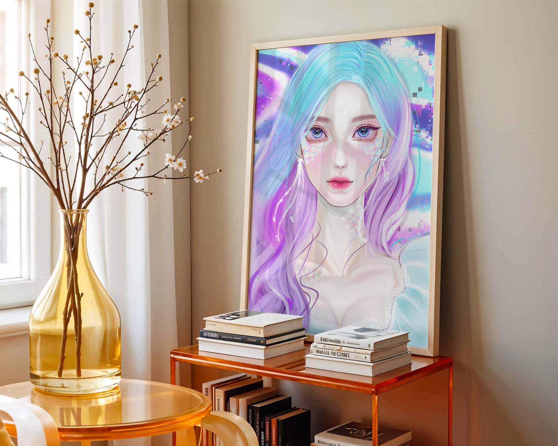 Fantasy portrait of a woman with pastel hair and vibrant features