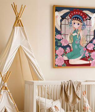 Chica anime elegante con atuendo tradicional y detalles florales y de grulla