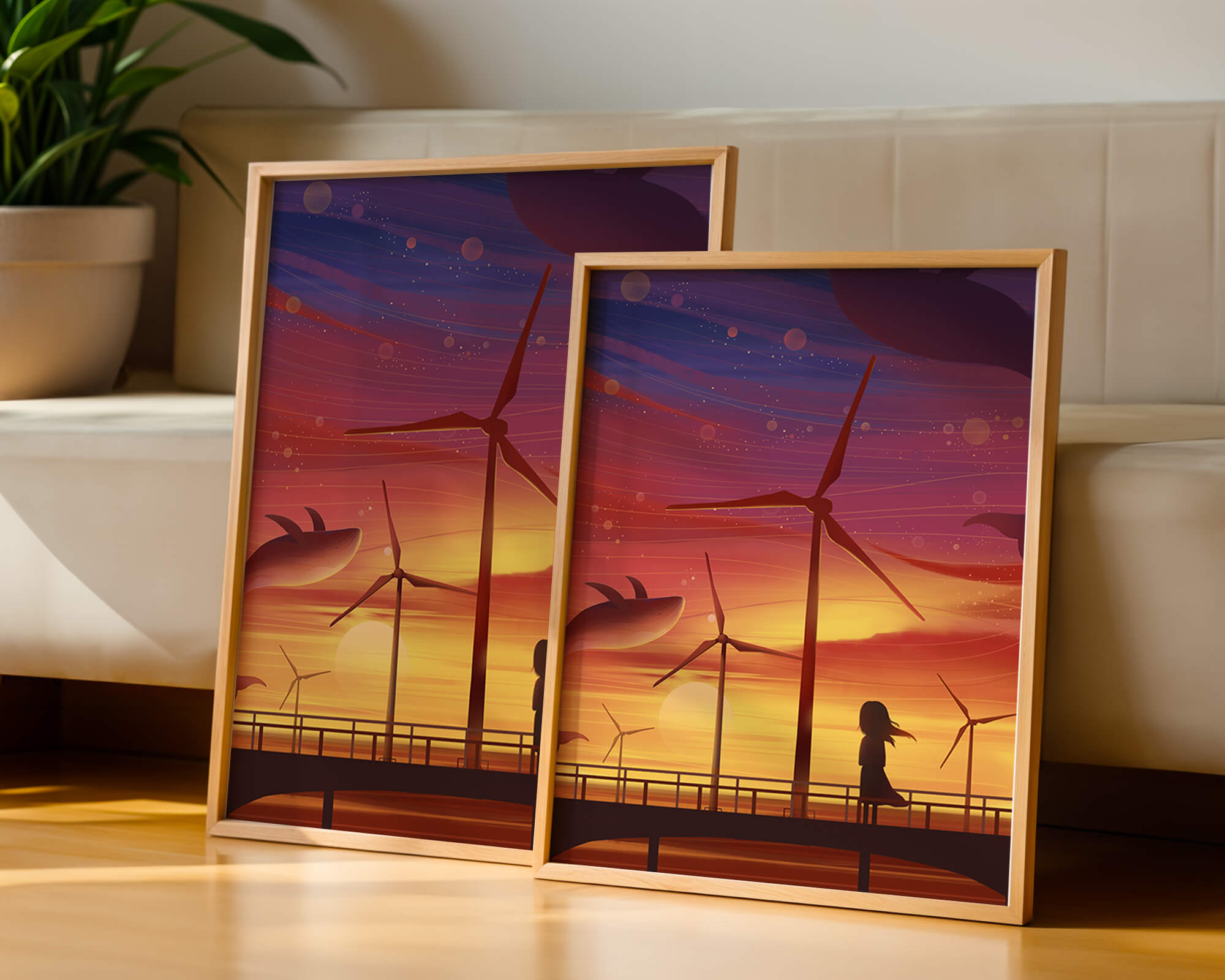 Enchanting sunset scene with wind turbines and silhouette of a girl