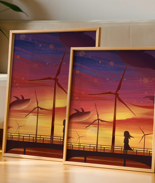 Enchanting sunset scene with wind turbines and silhouette of a girl