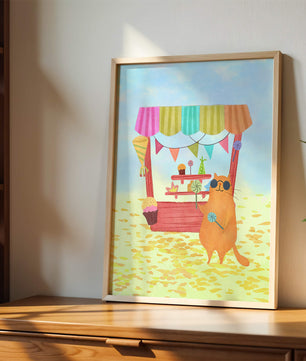 Gato ilustrado con gafas de sol en un puesto de dulces colorido