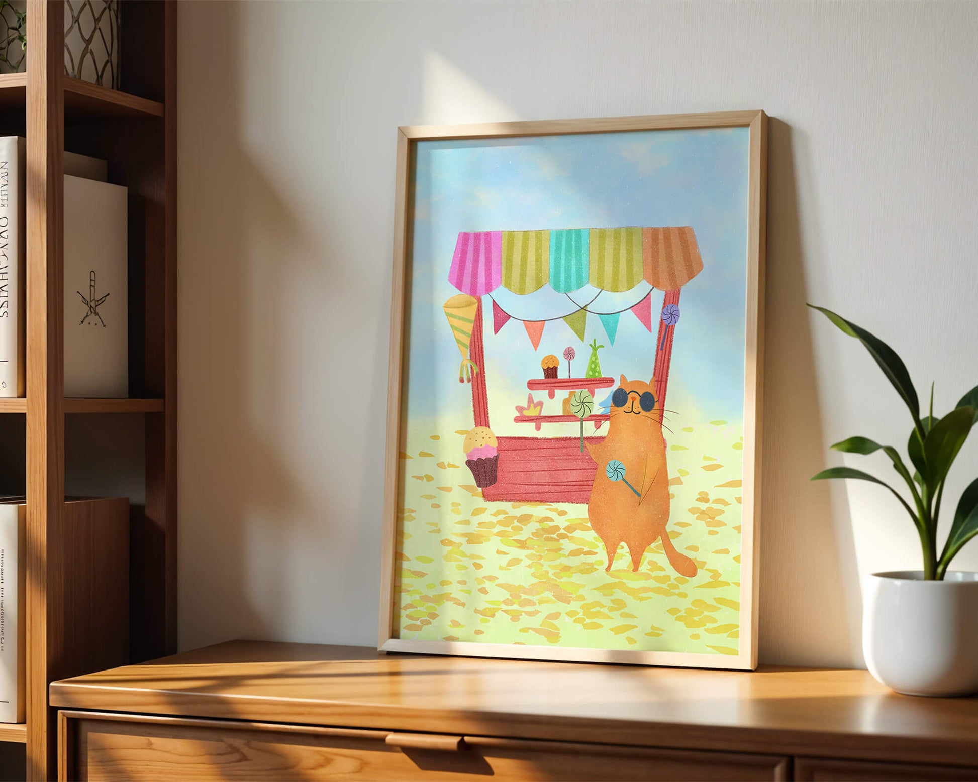 Illustrated Cat with Sunglasses at a Colorful Candy Stand