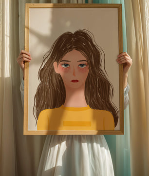 Illustrated portrait of a woman with long brown hair and expressive eyes