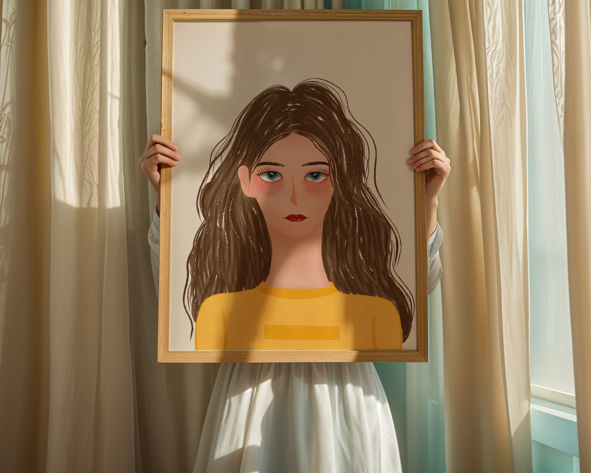 Illustrated portrait of a woman with long brown hair and expressive eyes