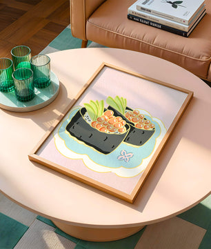 Illustration of sushi rolls with fish roe and avocado on a pastel background