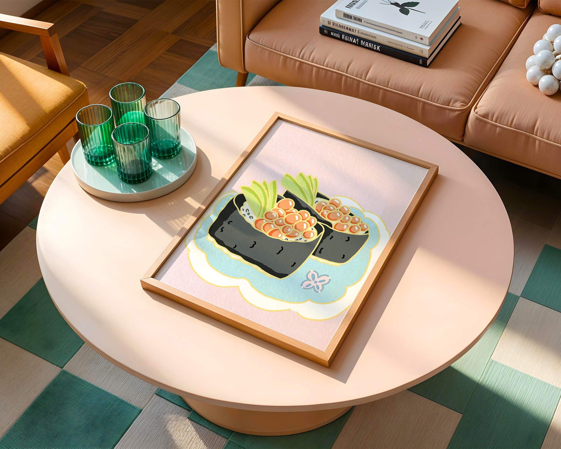 Illustration of sushi rolls with fish roe and avocado on a pastel background