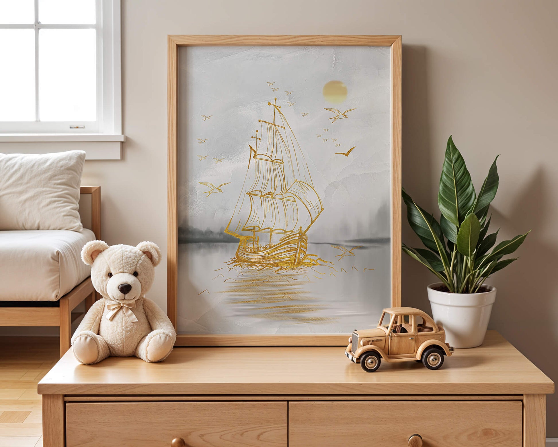 Serene nautical scene with golden sailboat at sea