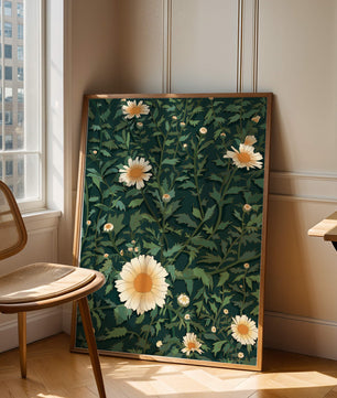 Floral pattern with daisies on a dark green background