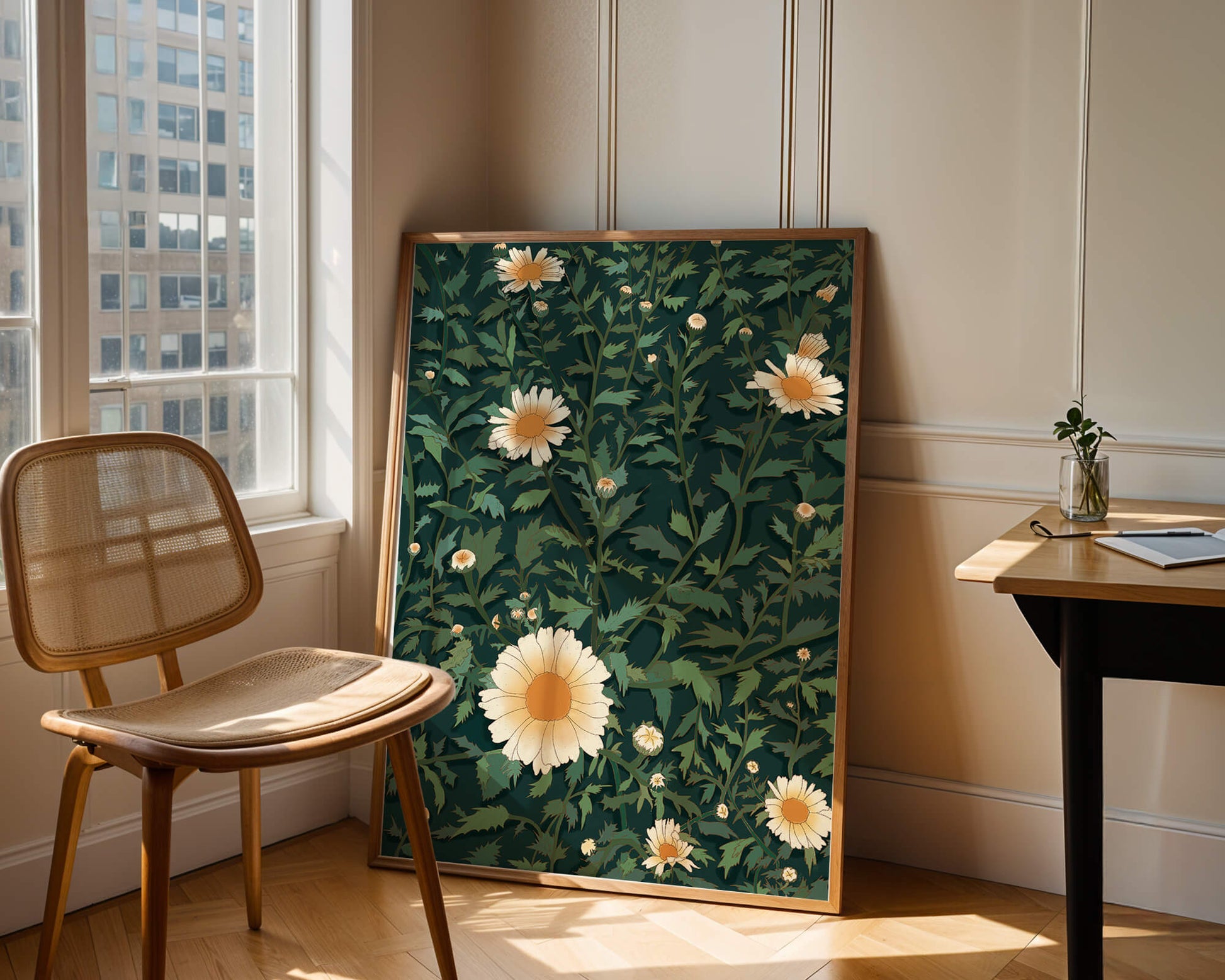 Floral pattern with daisies on a dark green background