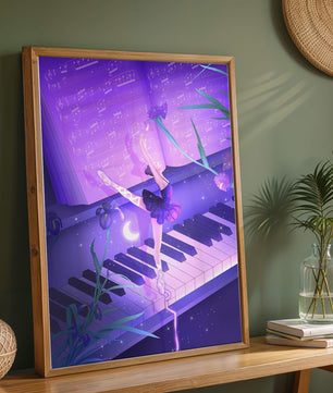 Graceful Ballerina Dancing on Piano Amidst Flowers and Musical Notes