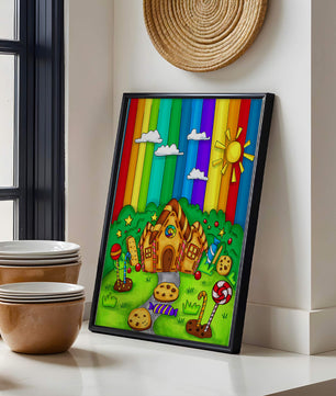 Whimsical candy house in a vibrant rainbow landscape
