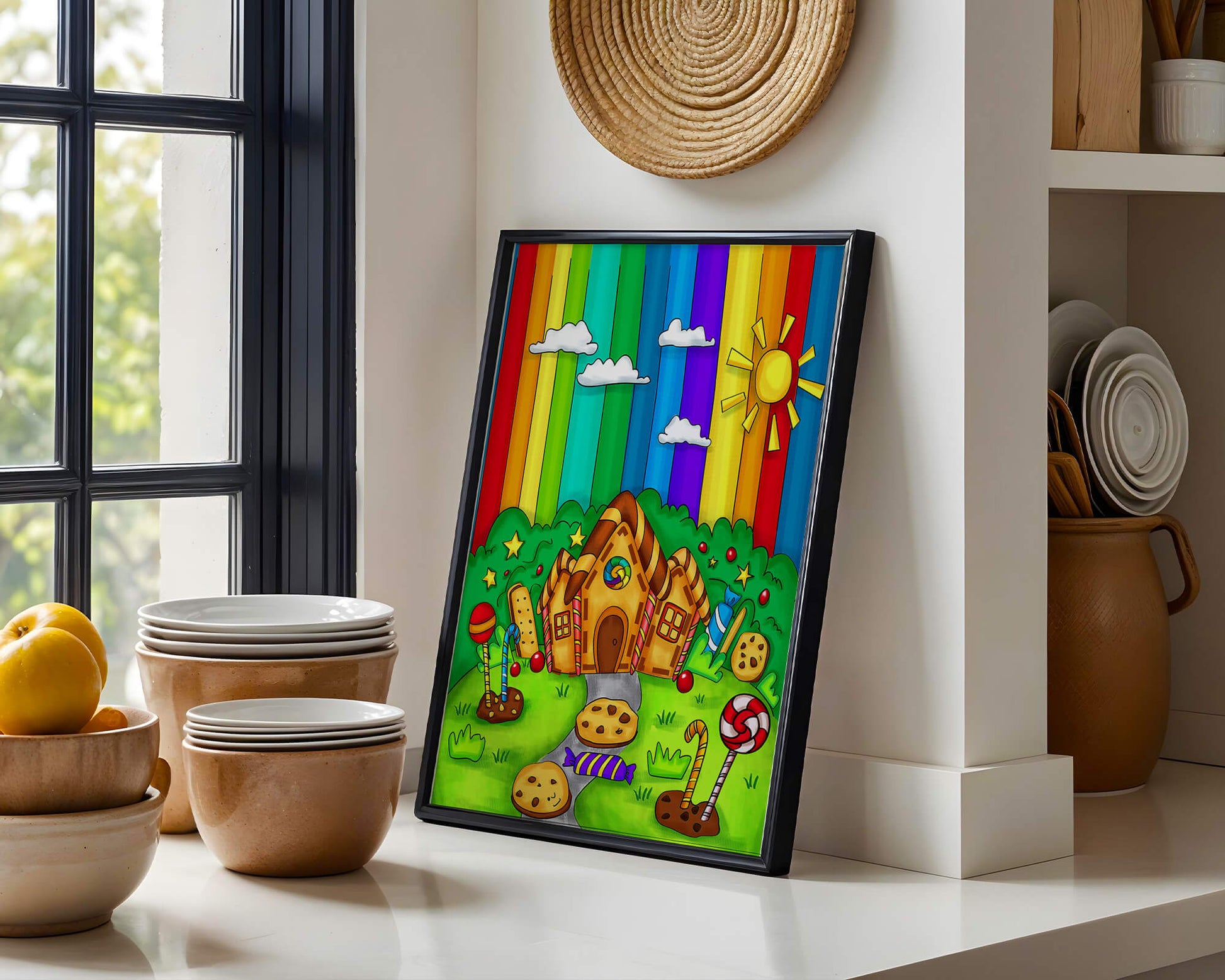 Whimsical candy house in a vibrant rainbow landscape