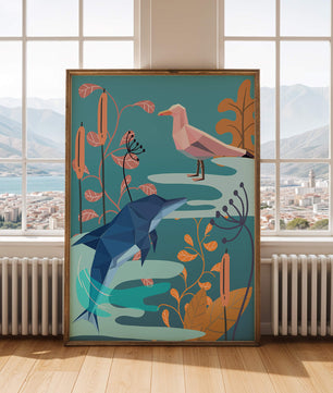 Geometric Dolphin and Seagull with Floral Elements in Abstract Nature