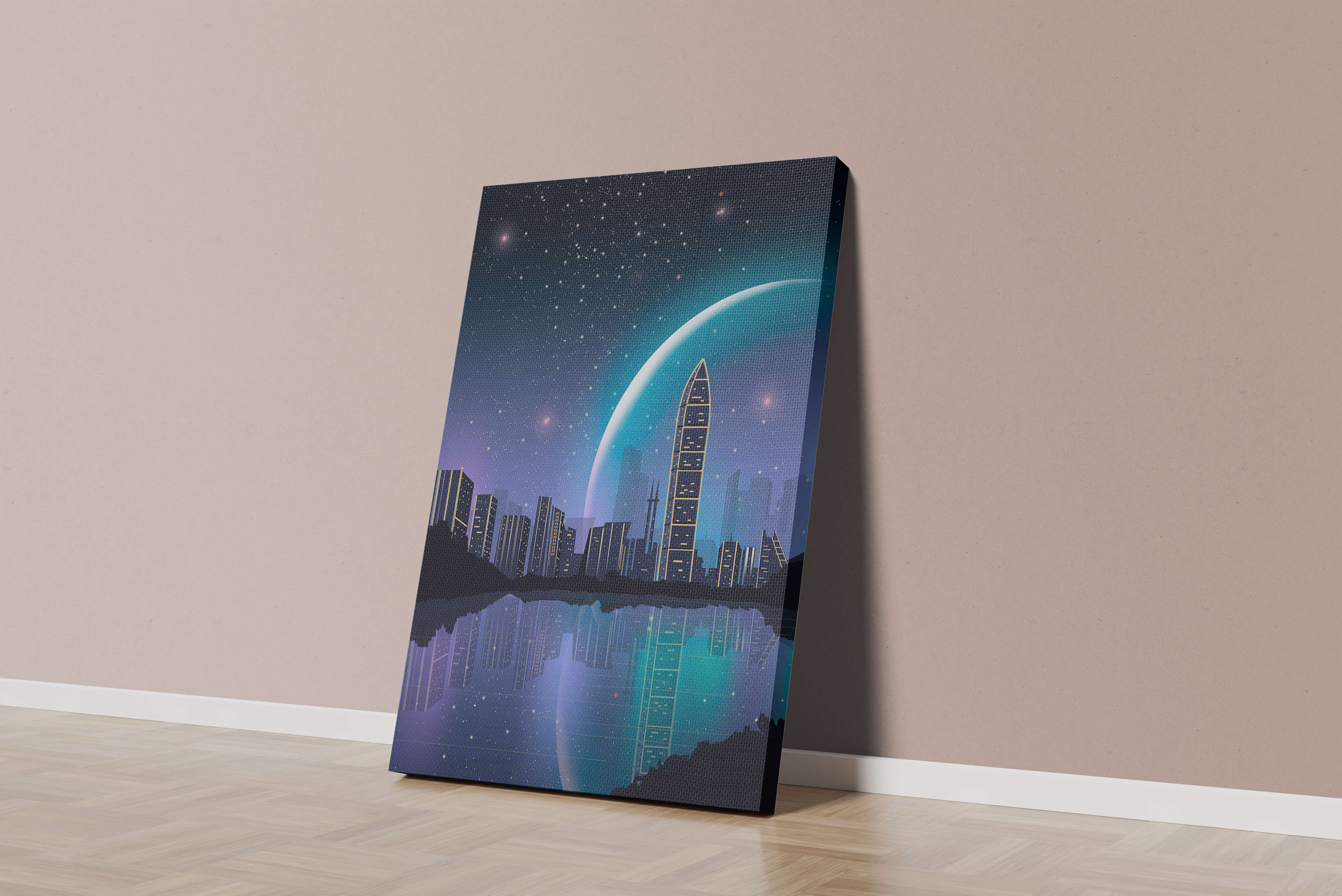 Futuristic cityscape under a starry night sky