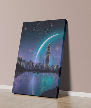 Paisaje urbano futurista bajo un cielo estrellado