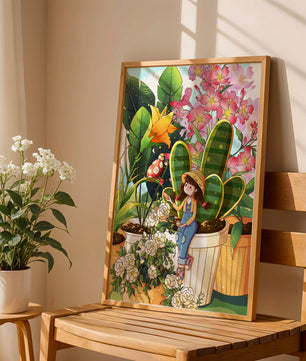 Charmante scène de jardin avec une jeune fille et des fleurs éclatantes