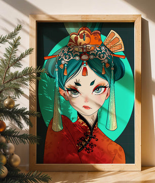 Elegant illustration of a woman in traditional attire with intricate headpiece