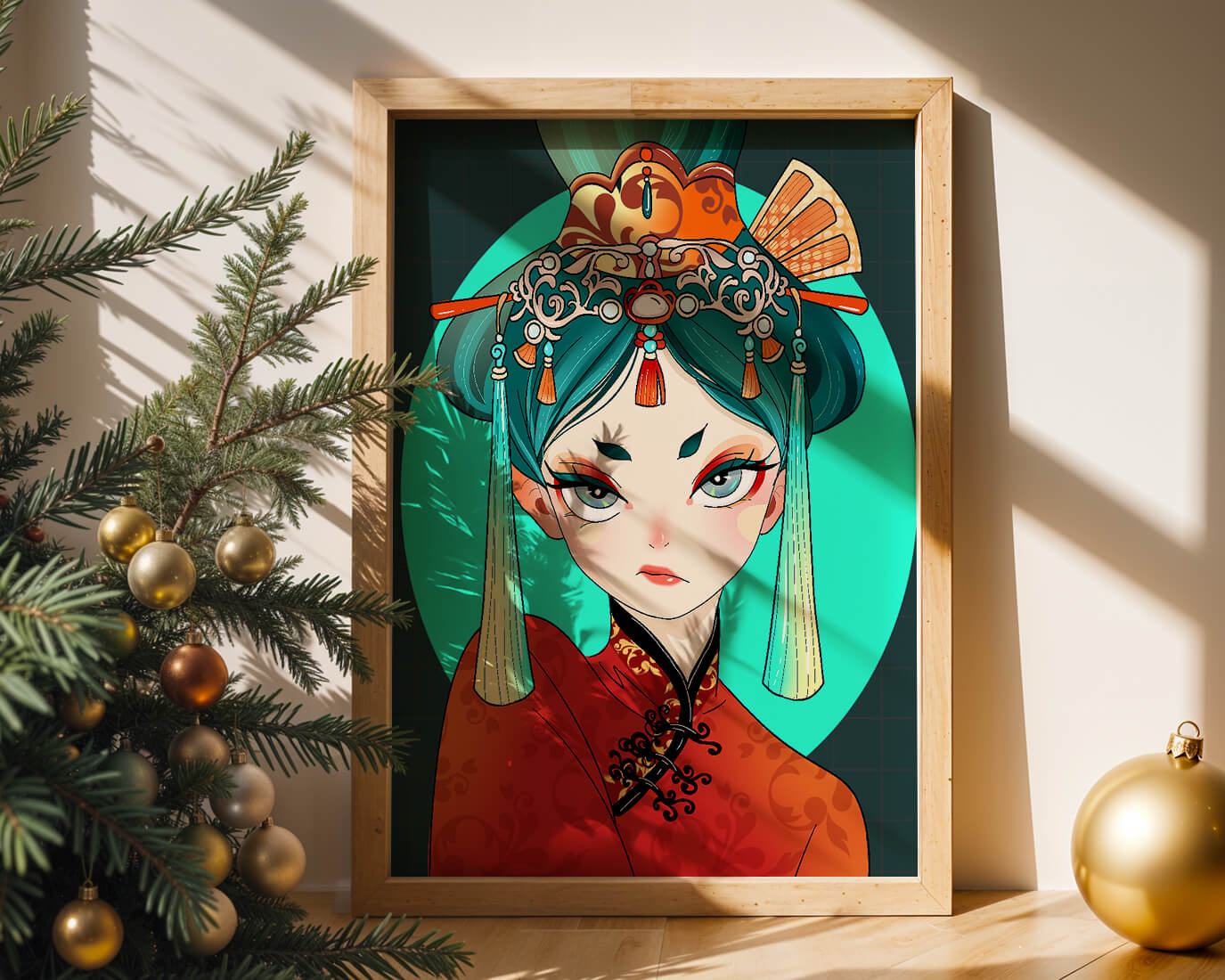 Elegant illustration of a woman in traditional attire with intricate headpiece