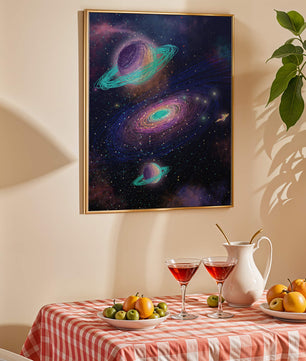 Colorful space illustration with planets and galaxy