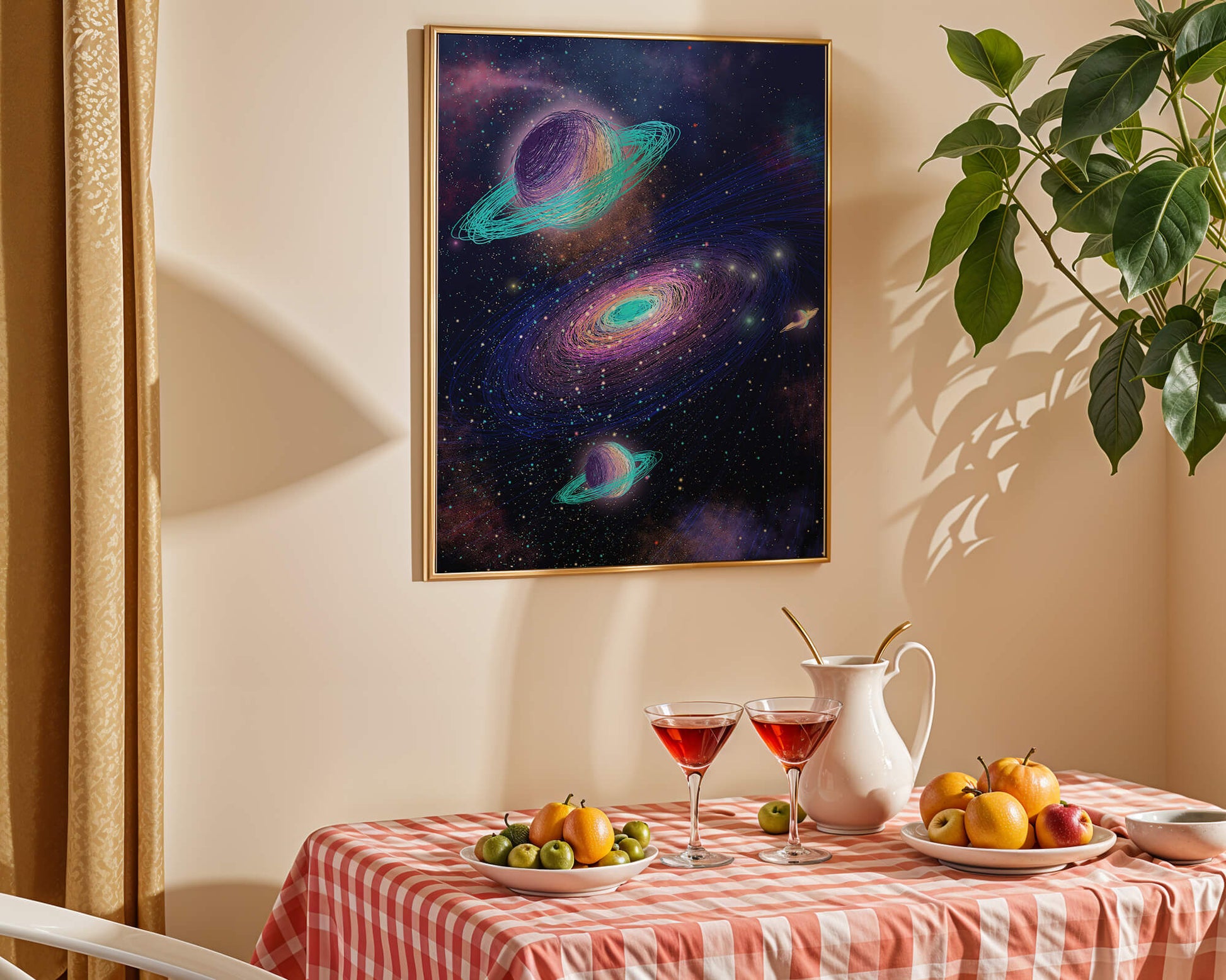 Colorful space illustration with planets and galaxy