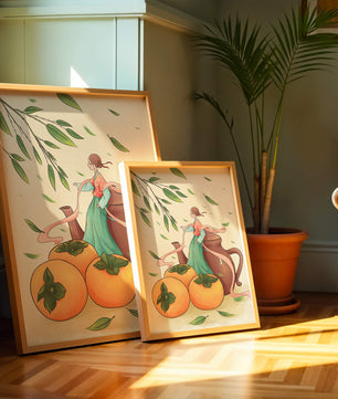 Whimsical scene with a woman in traditional attire among persimmons and leaves