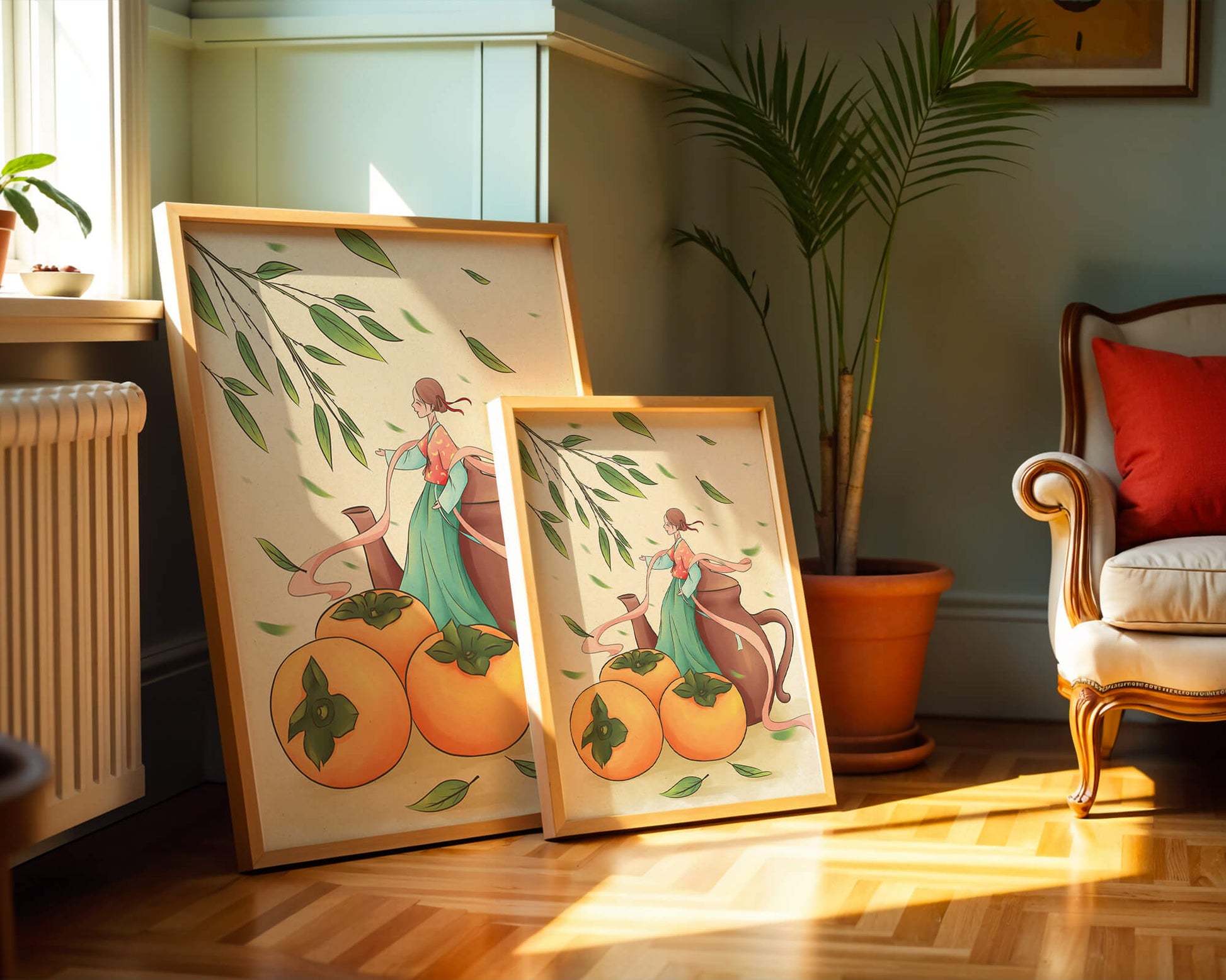 Whimsical scene with a woman in traditional attire among persimmons and leaves